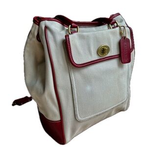 Coach Cream Canvas Satchel Red Leather Trim Gold Hardware – Read Description